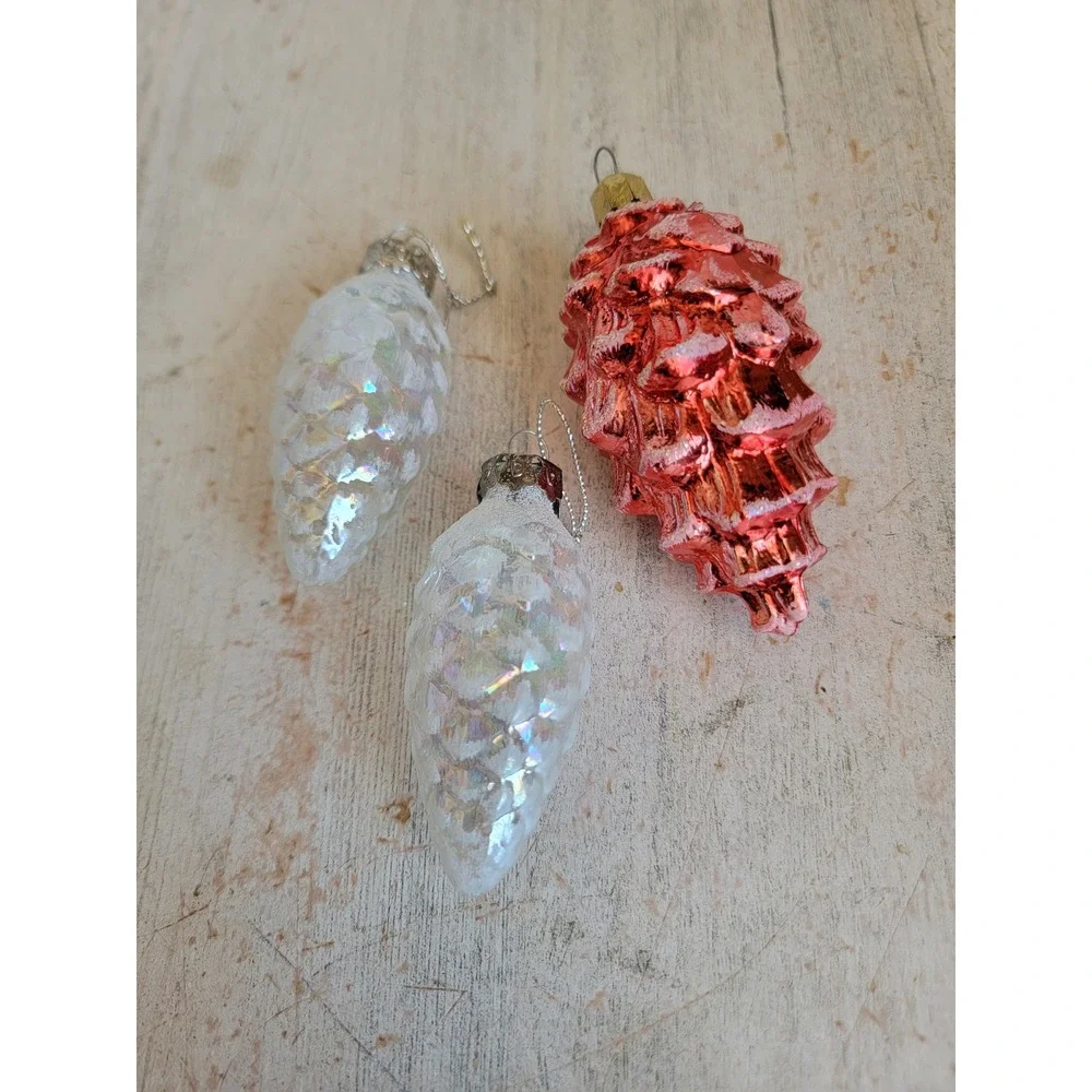 Vintage glass white clear red pinecone glitter ornament Xmas set mini home fall